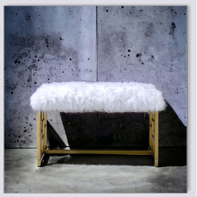 Luxurious White Faux Fur and Gold Finish Armless Lounge Bench for Elegant Seating, Perfect for Contemporary Interiors.