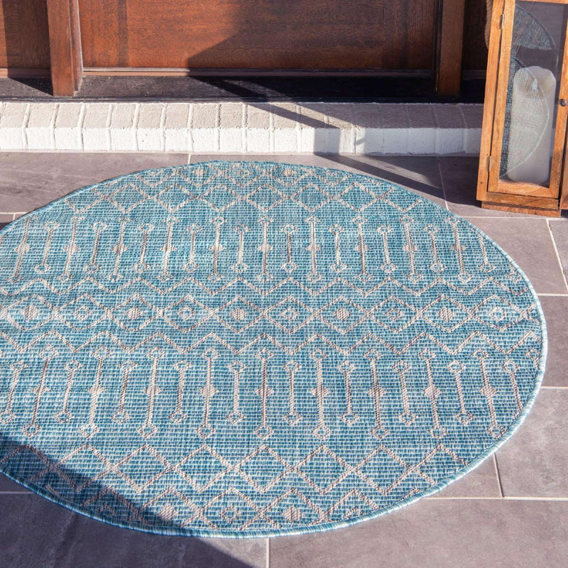 Outdoor Preen Area Rug Blue Green Color, Round 4'