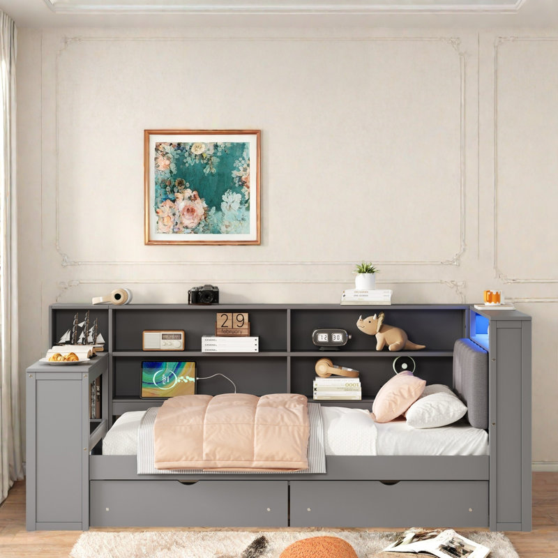 Wood Daybed With Storage Shelves, 2 Drawers, Charging Station, Led, Desk And Upholstered Headboard, Gray, Twin