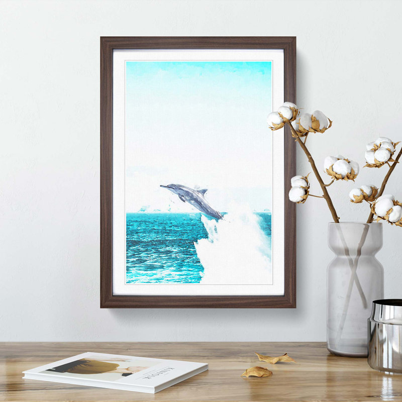 Jumping Dolphin Abstract Art - Framed Print, 76cm H x 50cm W x 2cm D, Walnut