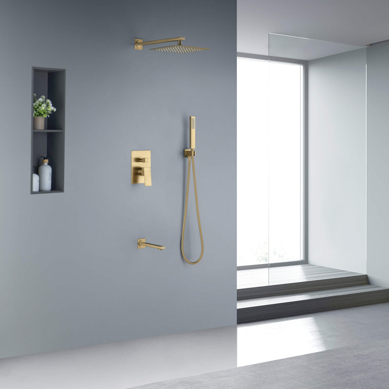 Cube Pressure Balanced 3-Function Shower System with Rough-In Valve, Brushed Brass