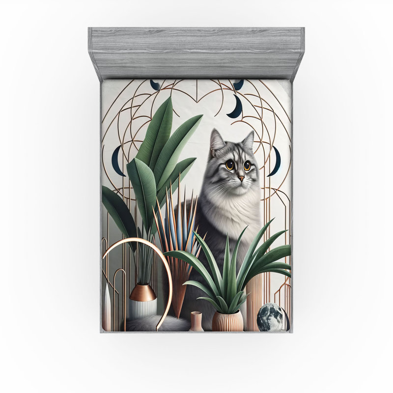 Drap-housse pour chat Ambesonne_ Chaton dans une noble pose bohémienne_ Rouille vert gris pâle, Drap-housse de taille double