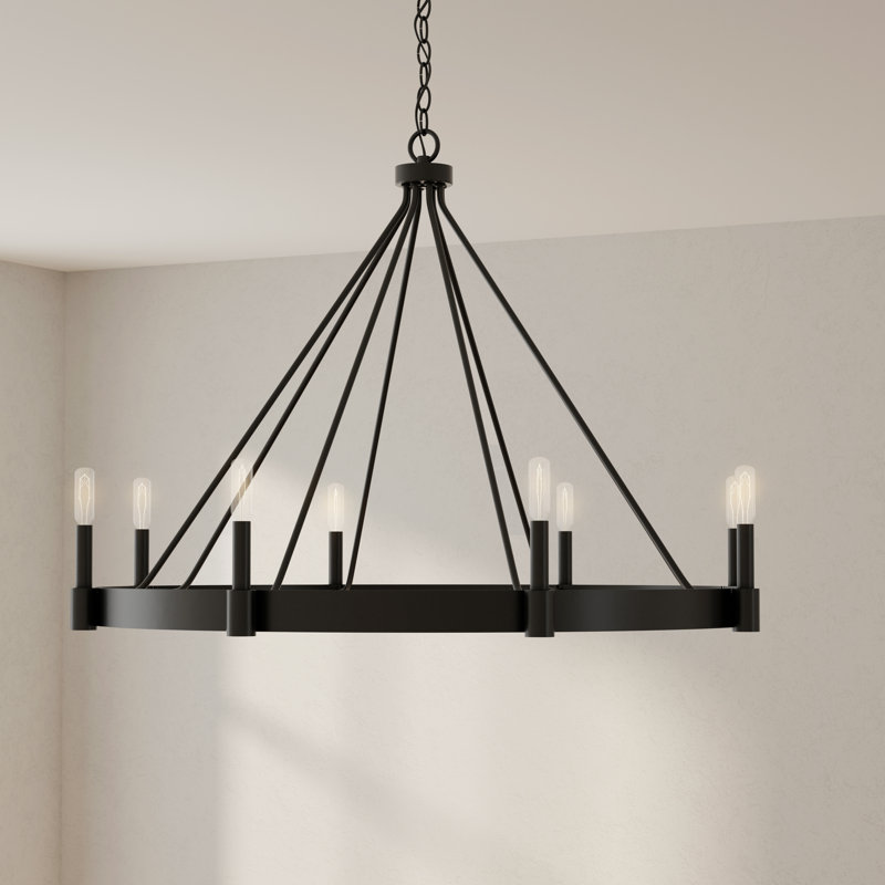 8 - Light Dimmable Wagon Wheel Chandelier, Matte Black