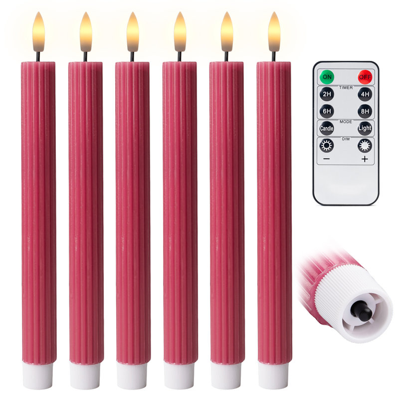 Fluted Ribbed Grooved LED Flameless Taper Candles, Remote, On/Off Button, Battery Operated, 6 Pack, Pink