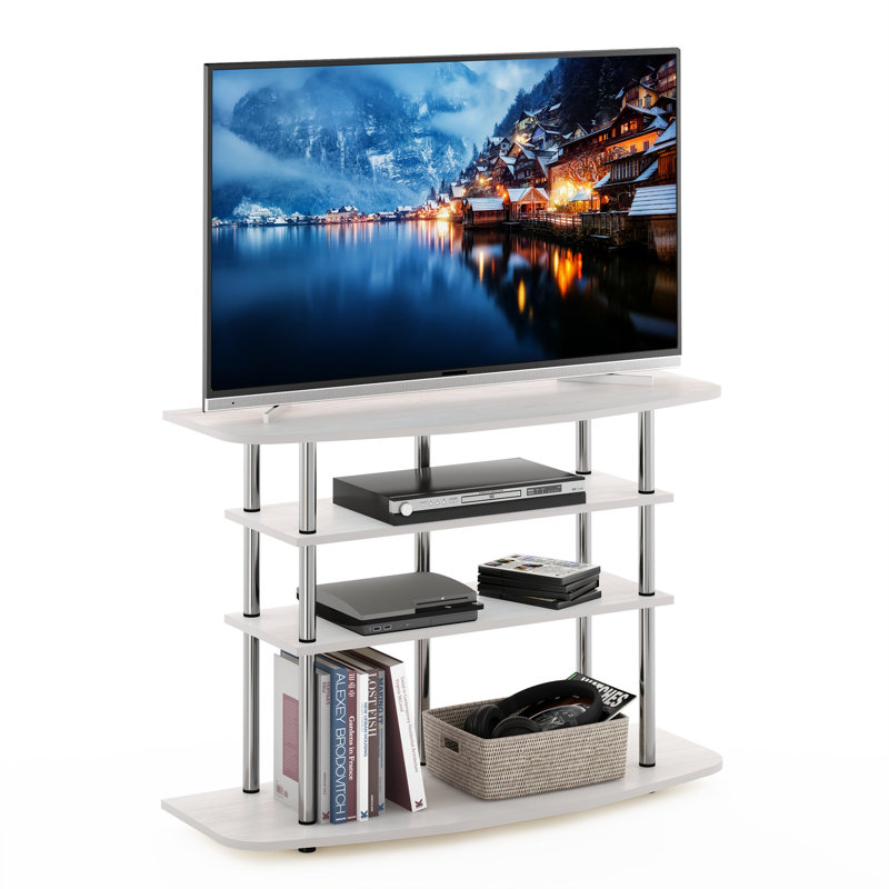 Turn-N-Tube TV Stand, 4-Tier Open Design Entertainment Center, TV Console for TV up to 46 Inch, Tool Free Assembly, with Stainless Steel Tubes, for Living Room, Bedroom, White Oak