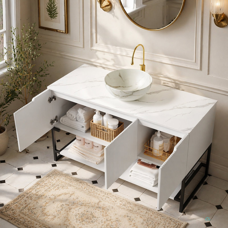 Ensemble de meuble-lavabo et de meuble-lavabo autoportant de 48 po avec 3 portes et une tablette ouverte, vasque en céramique mat avec motif en pierre et plateau en pierre frittée Carrara