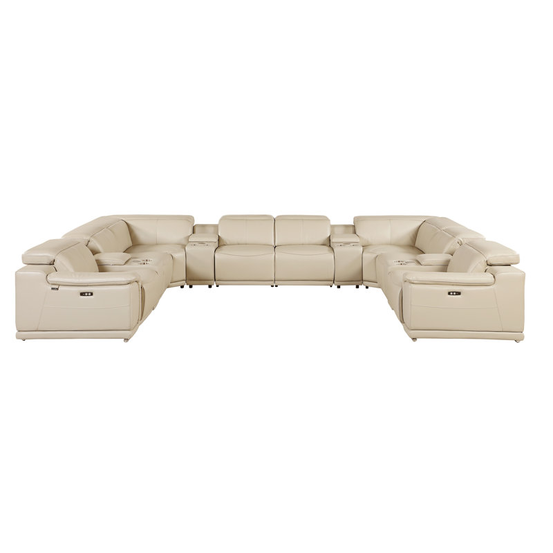 Kitanna 12 Piece 4 Power Recliner Top Grain Italian Leather Sectional, Beige Genuine Leather