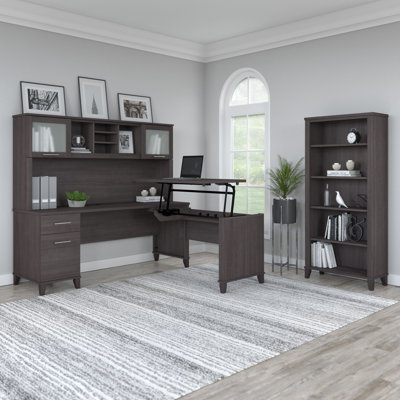 Bureau pour travailler debout en L à trois positions l 72 po avec rehausse et bibliothèque Magomed