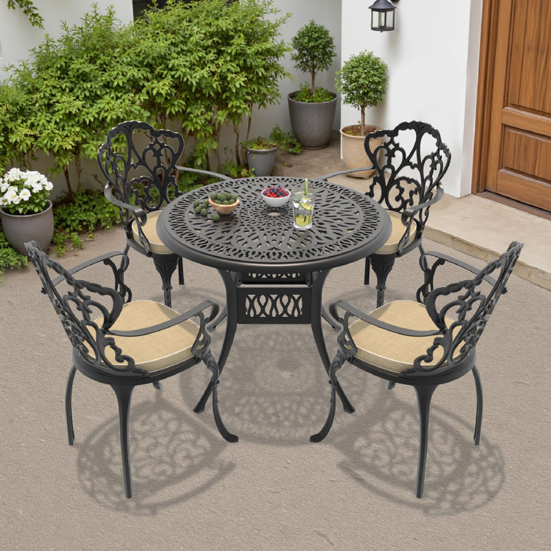 Akiesha Patio Dining Set with Round Table , Off-White Cushions Included, 22.05'' D x 21.65'' W x 35.83'' H, 4