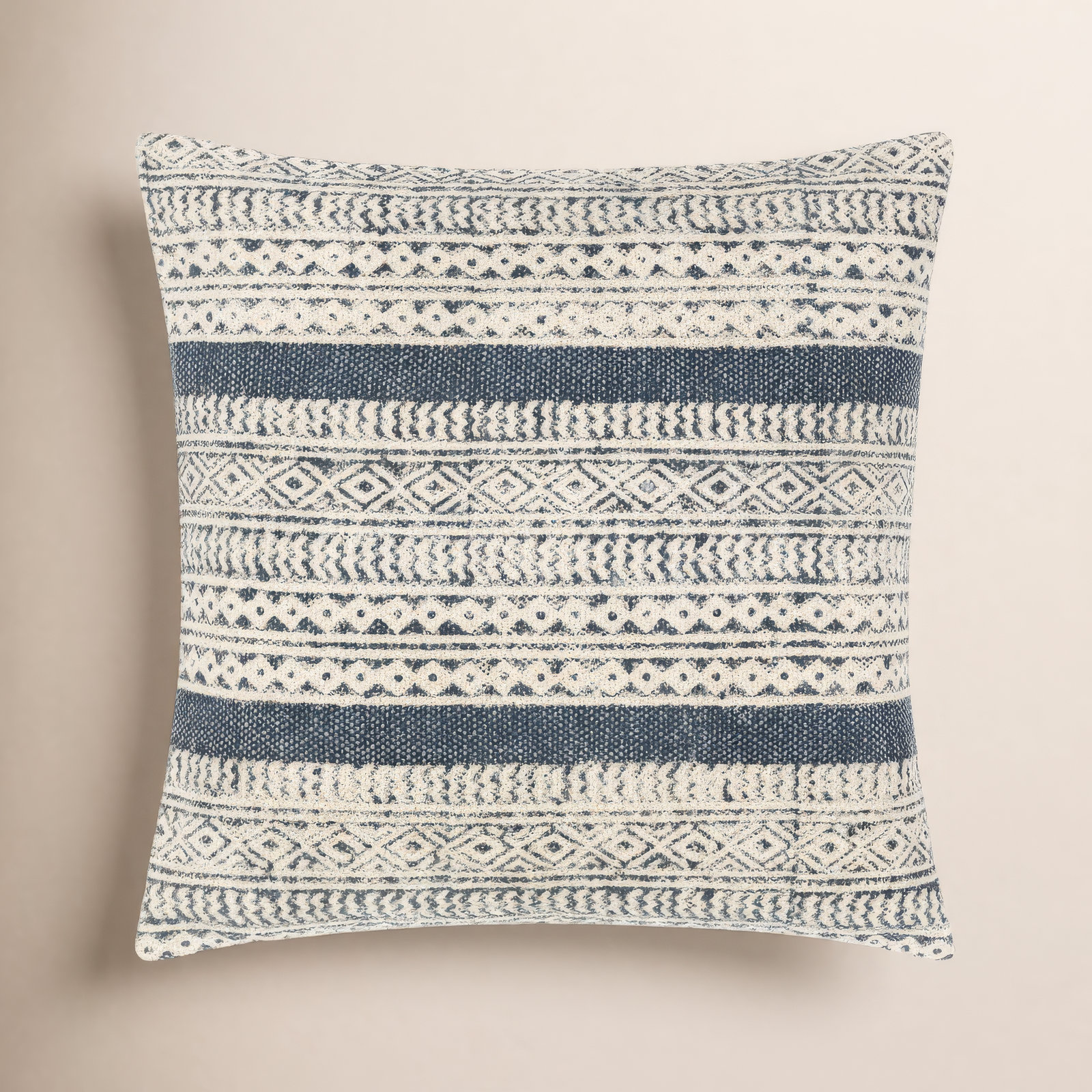 Zetta Geometric Cotton Throw Pillow, 18" x 18", Polyester/Polyfill, Beige/Denim