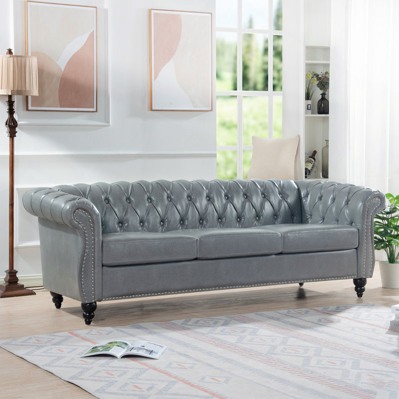 84.65" Rolled Arm Chesterfield 3 Seater Sofa, Gray