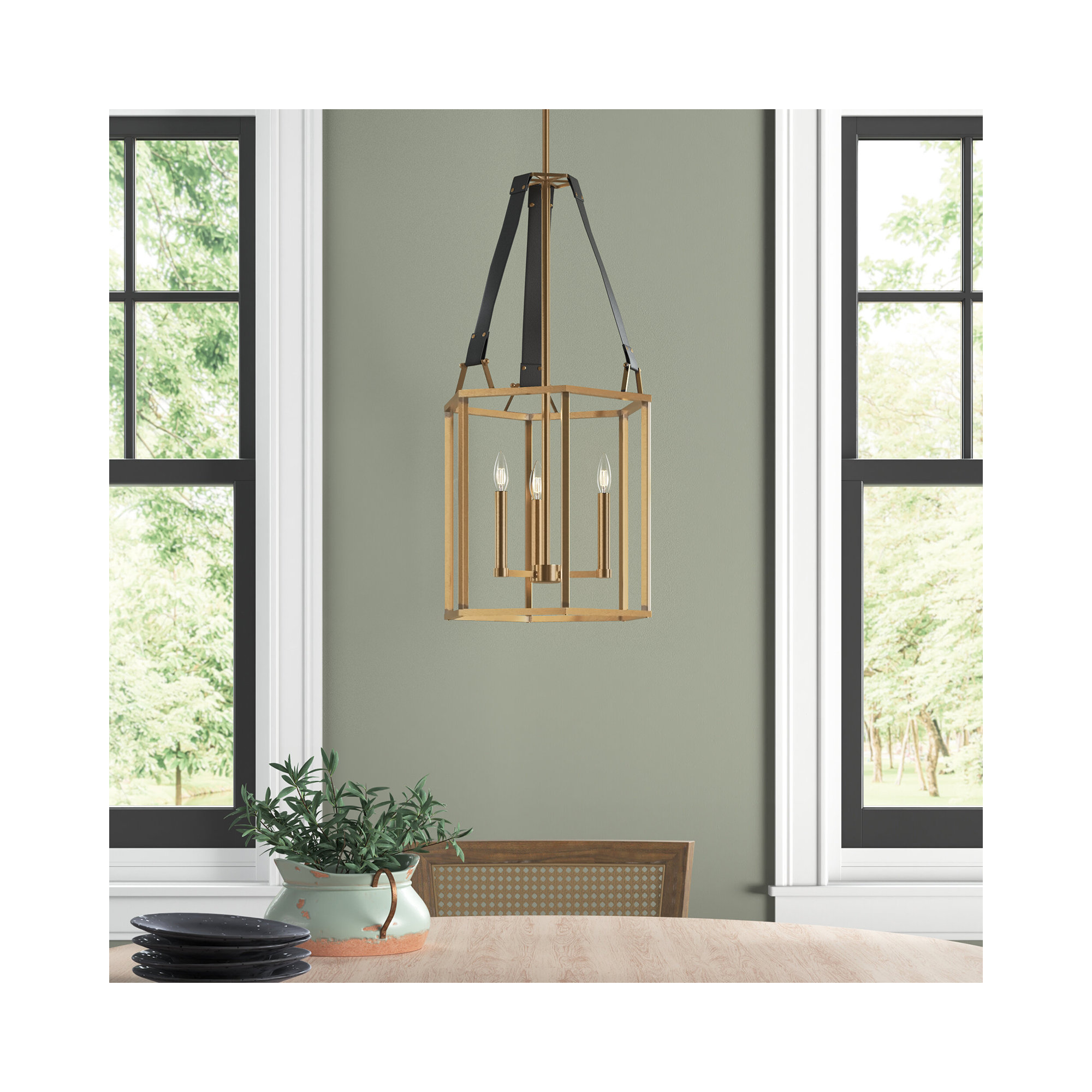 3 - Light Metal Dimmable Lantern Chandelier, Heritage Brass/Black