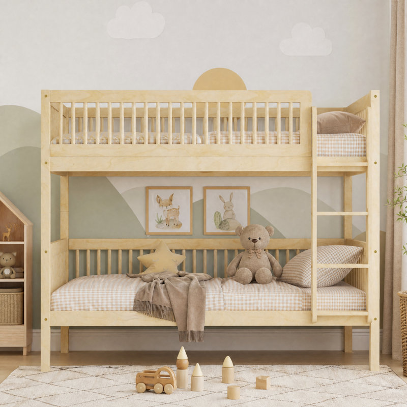 Lit superposé standard en bois massif (deux lits simples superposés) avec échelle et barrières de sécurité, Naturel