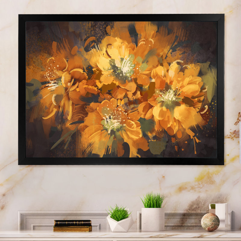 Fleurs orange orangées - reproduction sur toile, Cadre d'angle fermé noir, H 8 po x l 12 po x P 1 po