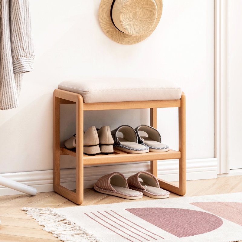 High Rebound Sponge Cushioned Natural Solid Wood Shoe Bench, Beech Storage Organizer For Entryway, Bedroom, Hallway - 23.17" Long, 11.81" Deep, 16.5" High, 300Lbs Weight Limit, Two Tier Shelf Design,