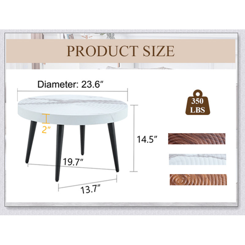 Table basse de salon de style campagnard moderne de 31 pouces, ronde avec finition naturelle et design durable, Blanc, Marbre