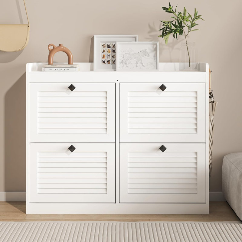 Entryway Shoe Storage Cabinet with 4 Front Panels, Louvered Style Design and Top Shelf, Space-Saving Shoe Organizer for Hallway, Foyer, Bedroom, White