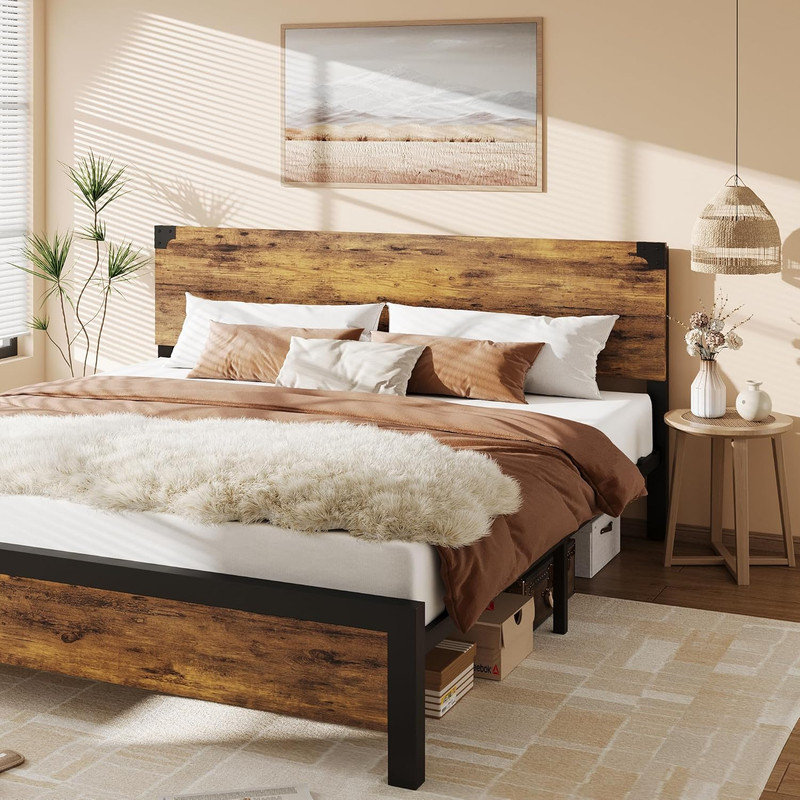 King Platform Bed Frame with Rustic Wood Headboard & Under-Bed Storage - Noise Free, No Box Spring Needed