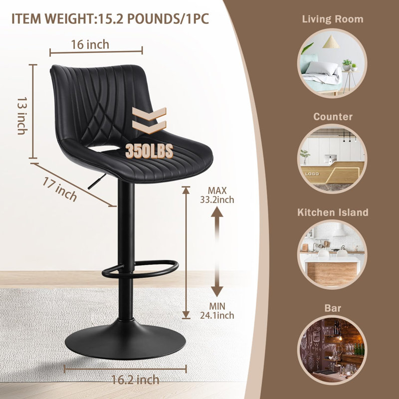 Tabouret de bar réglable en polyuréthane, Similicuir noir / cadre noir