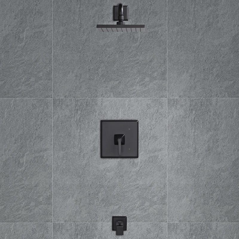 Lotto Collection Shower System: 8" Square Shower Head, Single Handle Set, Tub Spout & Rough-in Valve Included - Matte Black