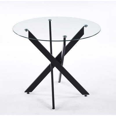 Modern Black Dining Table With Cross Metal Legs And Smooth Tempered Glass, 40.9 Lb, Adjustable For Kitchen, Simple To Assemble Space - Saving Glass Surface, Stable Structure, 36.44 In Dimensions,