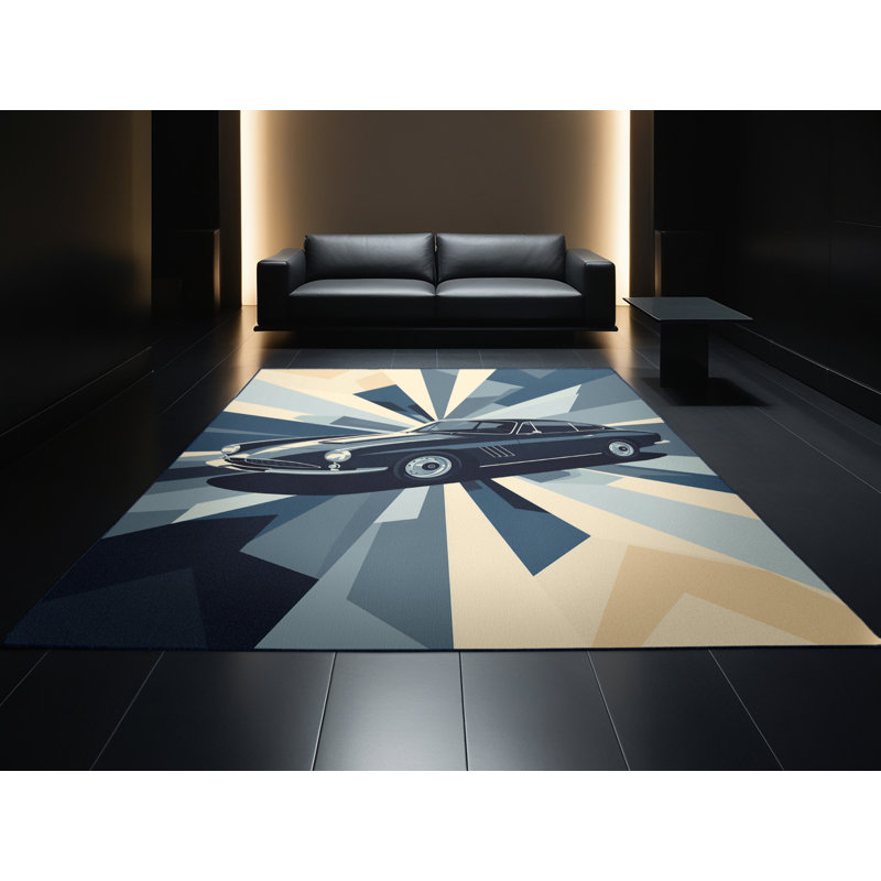 Machine Washable Eldred Retro Coupe Car Retro Geometric Rug in Beige – Navy Binding, 8x10