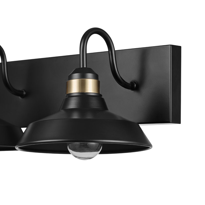 Éclairage pour meuble-lavabo 3 lumières 24 po, noir mat, accents laiton mat, abat-jour en métal noir avec ampoule exposée, accessoires de salon de beauté, éclairage de salle de bain sur miroir, éclairage de miroir de maquillage, applique murale