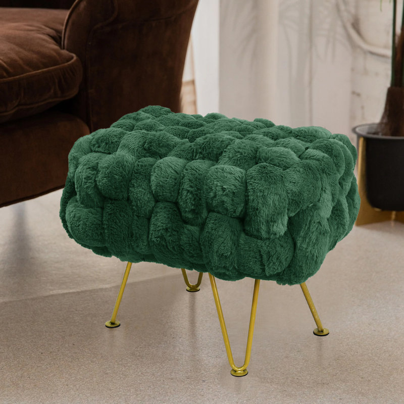 Deya Upholstered Ottoman, Dark Green Faux Fur