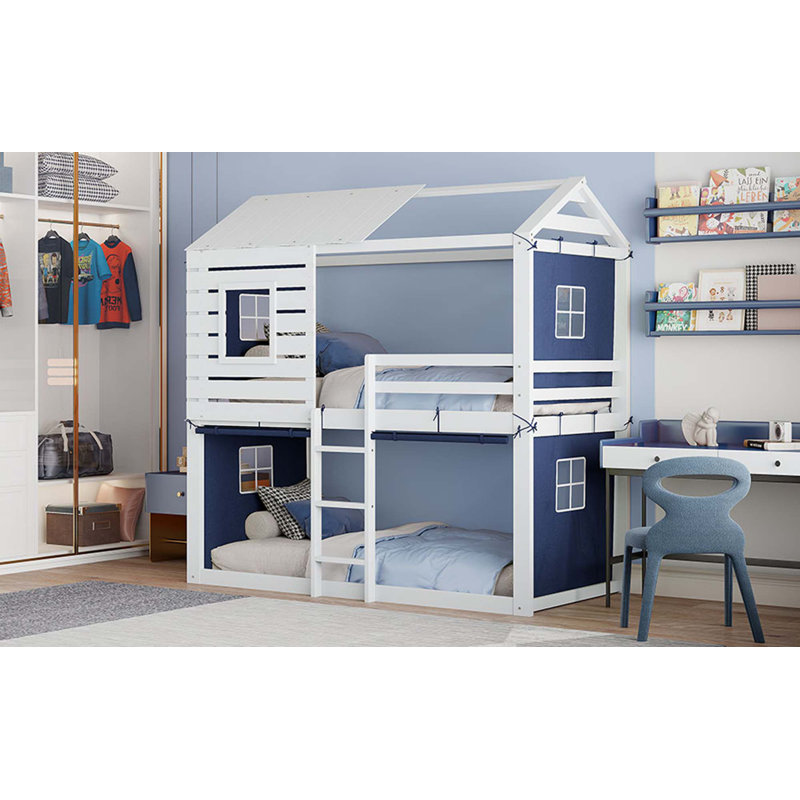 Lit superposé en bois avec tente, Bleu, Lit simple