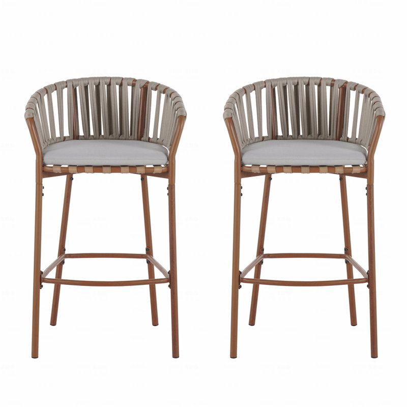 Ensemble de 2 tabourets de bar d'extérieur, structure en teck avec corde beige et coussin beige