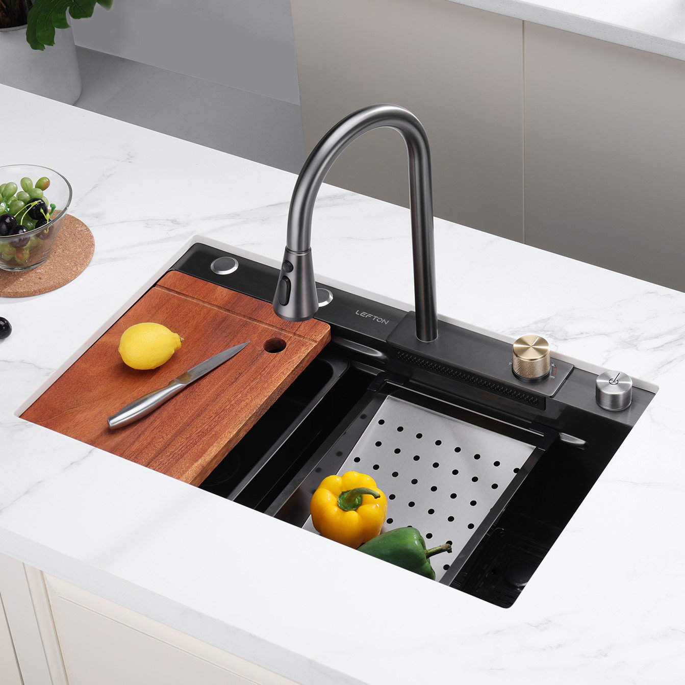 Lefton 304 Stainless Steel Waterfall Kitchen Sink Set with Pull-down  Faucet, Knife Holder, Drain Basket, Inside-Basin, and Cutting Board,  Temperature