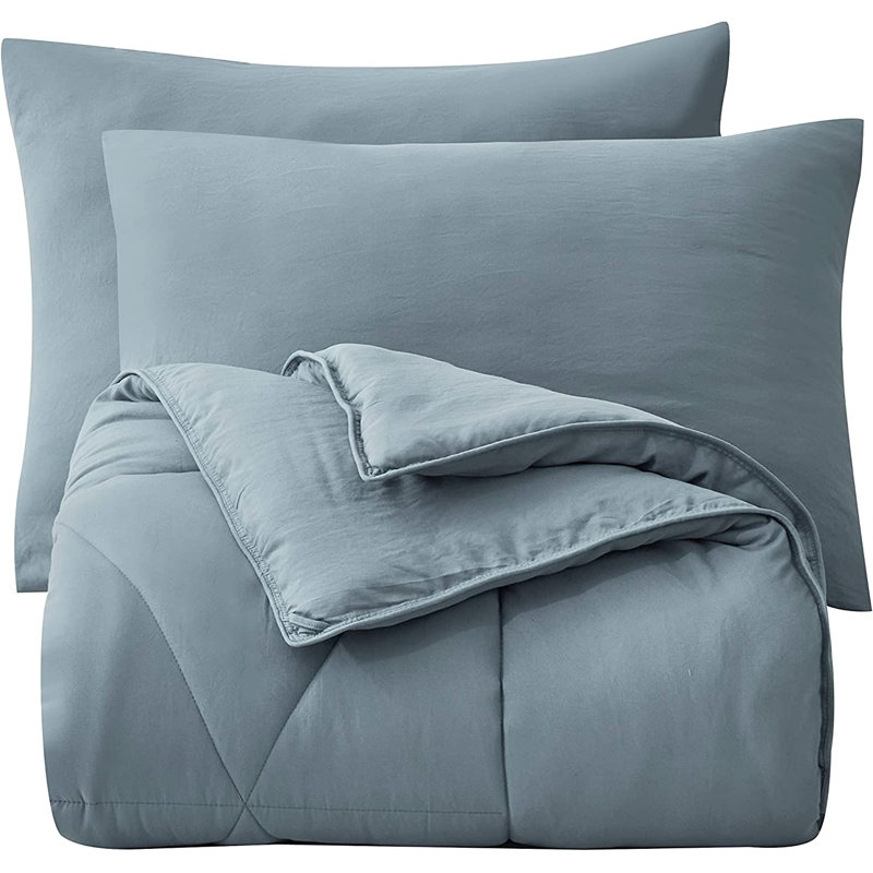 Washed Microfiber Bedding Polyester Comforter, King Comforter + 2 King Shams, Blue