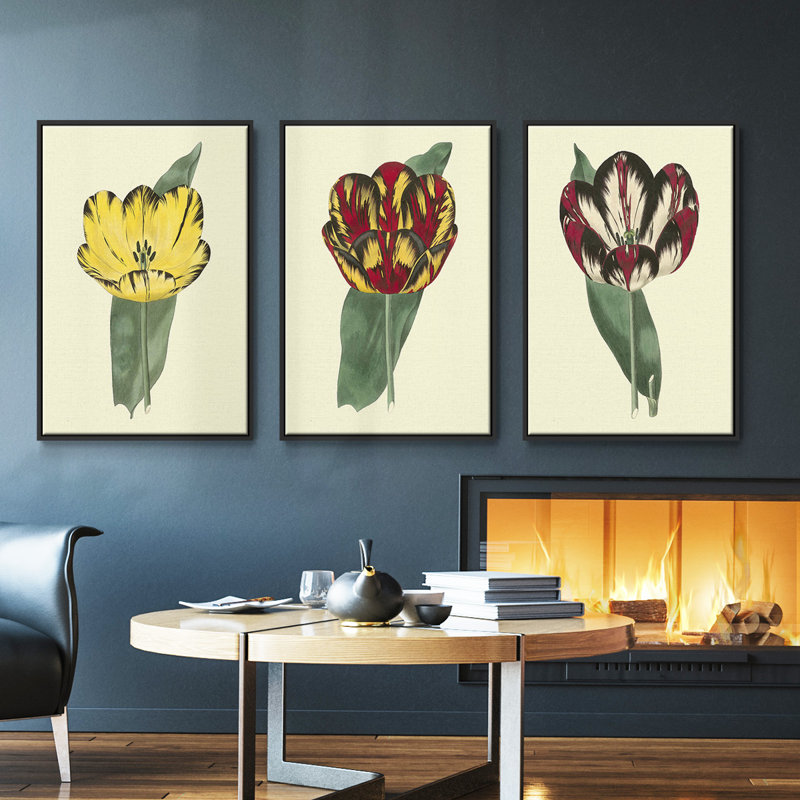 Antique Tulip II, ensemble de 3 toiles tendues avec châssis de qualité supérieure, Noir, H 27 po x l 54 po