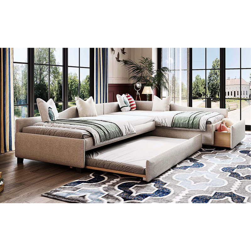 Upholstered Double Twin Size Daybed With Trundle And Drawer, Beige, Stable Long - Lasting Daybed, Trundle, Stable, Quiet In Use