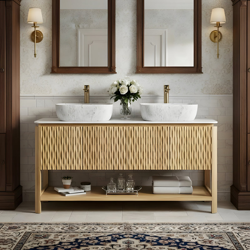 60-inch freestanding bathroom vanity with two ceramic sinks, 60"
