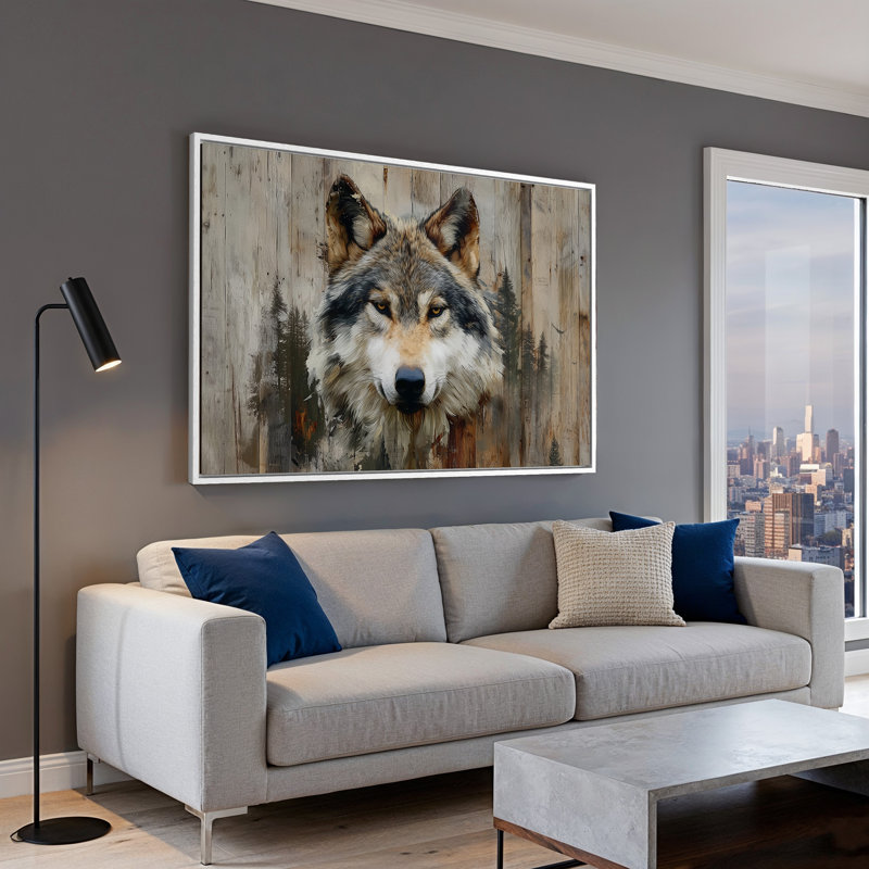 Art sur toile, "Rustic Timber Wolf" avec pin, 36" W x 24" H, Cadre flottant blanc