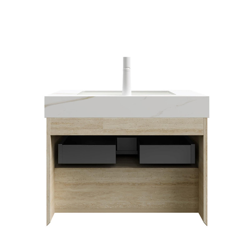 Meuble-lavabo 30 po, meuble de rangement flottant en contreplaqué, tiroir et tablette avec capteur de lumière, lavabo encastré en céramique et plateau en pierre frittée dorée Calacatta, pré-assemblé