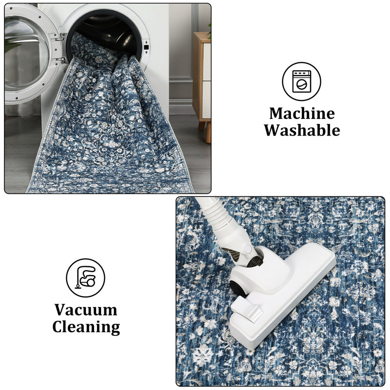 Runner Rug 2x6 Kitchen Washable Rug Vintage Bedside Rug Non Slip Backing Floor Carpet for Entryway Bathroom Laundry Room Bedroom Farmhouse Blue