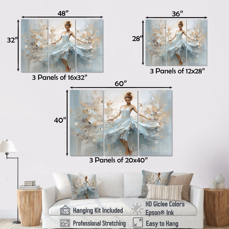 «Blue Gold Minimalisme Ballerina», ensemble d'art mural sur toile Ballet, H 40 po x l 60 po