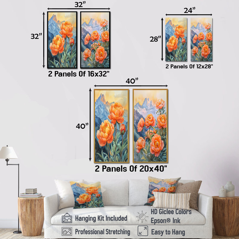 Pivoines d'été et le lever du soleil I - Collection d'art mural floral 2 panneaux, H 28 po x l 25 po, Toile tendue