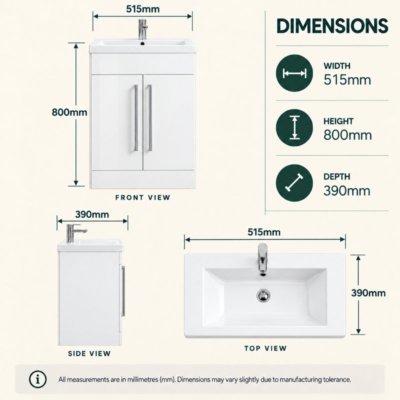 515 mm Freestanding Single Vanity, Gloss white
