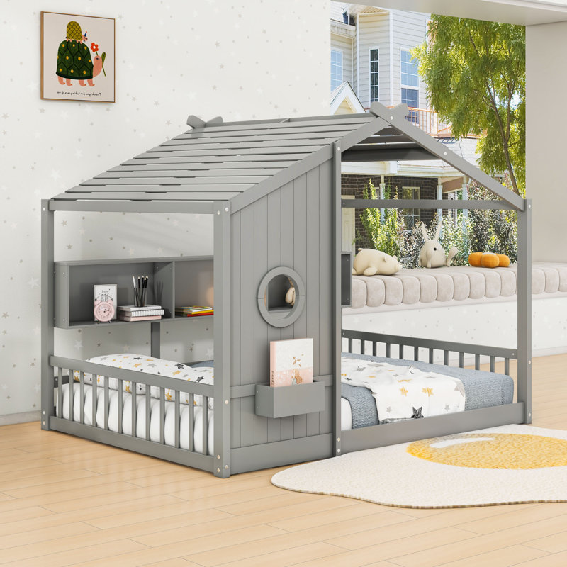 Wooden House-Shaped Floor Bed With Built-In Storage Shlves And Slats, Gray, Full