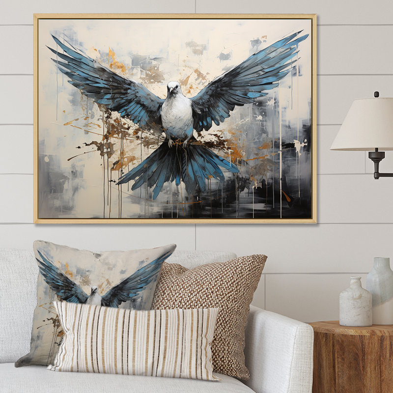 Minimalisme bleu colombe - salon d'art mural colombe, Cadre flottant blanc, H 30 po x l 40 po x P 1,5 po