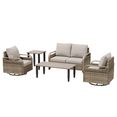 5-Piece Outdoor Patio Brown Wicker Wood Grain Armrest Swivel Glider Chair Loveseat Seating Group with Cushion, Side Table by Red Barrel Studio