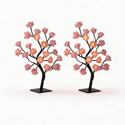 2-Pack 18" Lighted Artificial Rose Trees with 48 LEDs, Pink USB Tabletop Rose Tree Lights for Home and Party Decor