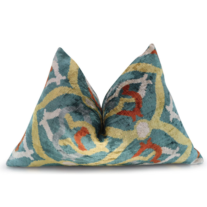 Green and Yellow Ikat Velvet Lumbar Pillow with Down Fill