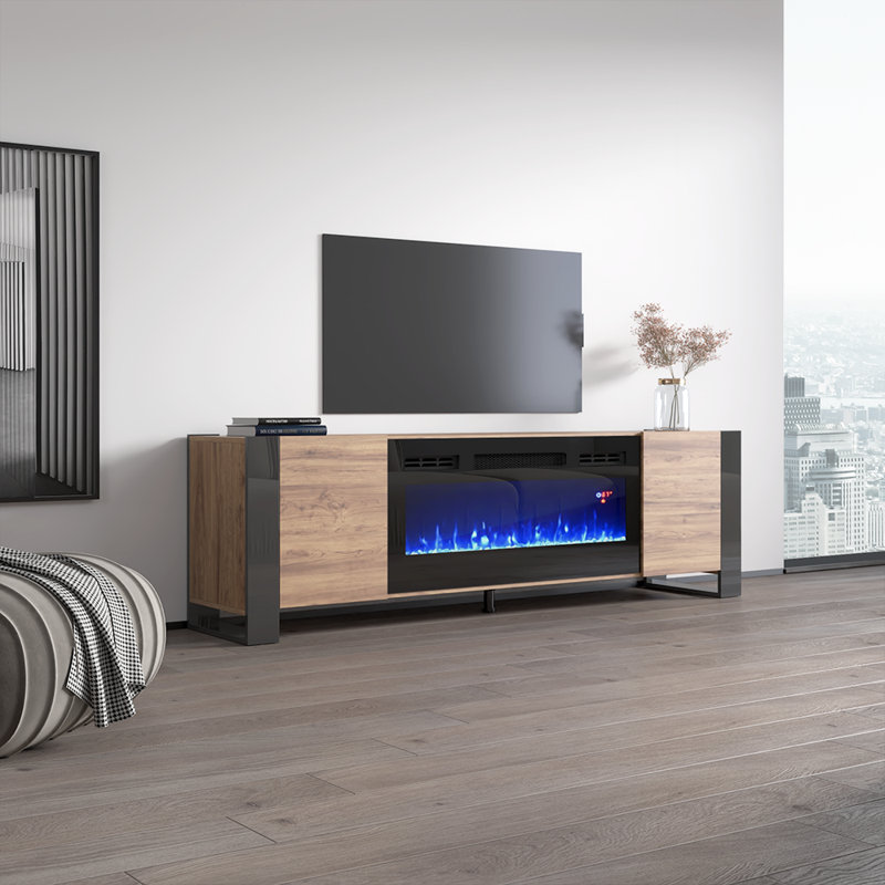 Rickeisha 77.2" Modern TV Stand with Electric Fireplace, High Gloss Finish, Media Storage, Oak/Gray