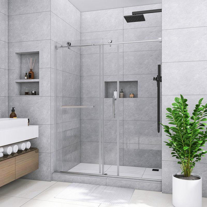 60 In. W X 75 In. H Reversible Sliding Semi-Frameless Shower Door In Chrome Finish