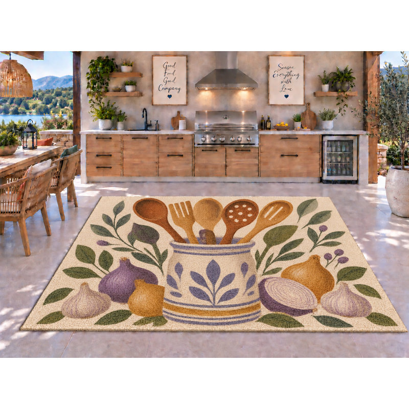 Tapis d'extérieur 5' x 7' à motifs d'ustensiles, de pots et d'oignons, en PVC épais, imperméable et bouclé, tapis de patio robuste, tapis intérieur/extérieur à séchage rapide pour porche, terrasse, balcon, entrée, camping-car.