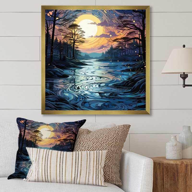 Lac au crépuscule III - reproduction, H 16 po x l 16 po x P 1 po, Encadrement doré